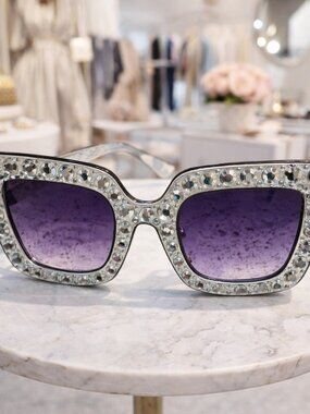 Celebrity Inspired Jumbo Square Plastic Rhinestone Look Sunglasses Black/Gray